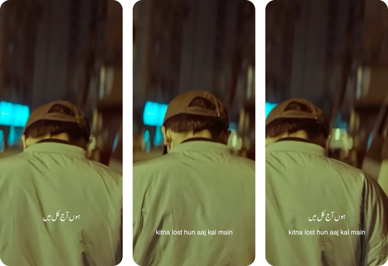 Three short-form video frames showing different caption styles tested with participants